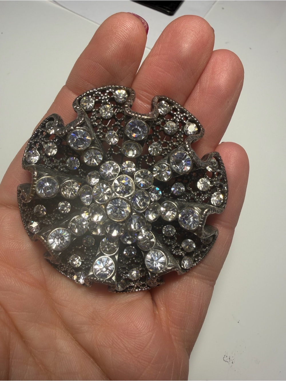 Rhinestone Floral Statement Brooch - Silver Tone - Picture 5 of 8